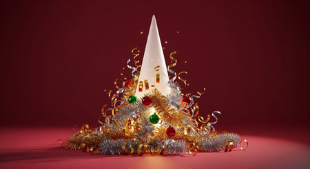 Minimalist 3d render of a glowing cone Christmas tree in a pile of festive tinsel and baubles on a red backgroundの素材