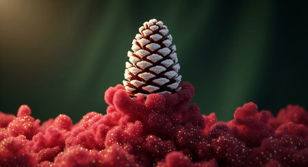Surreal 3d render of a snowy pine cone emerging from a magical red cloud with golden glitter on a green backgroundの素材