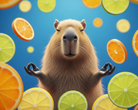 Funny 3d render close-up of a calm capybara meditating in a zen pose with floating citrus fruitsの素材