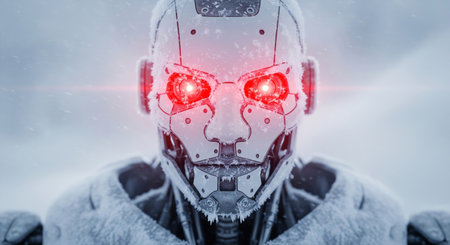 Cinematic portrait of a futuristic robot with glowing red eyes covered in snow during a winter blizzardの素材