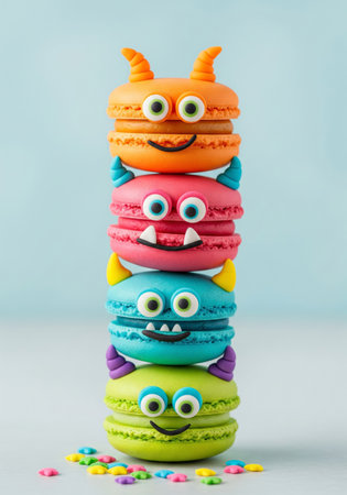 A vertical stack of cute and funny colorful monster macarons for a kids party on a blue backgroundの素材