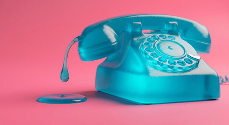 Surreal 3d render concept of a melting translucent blue retro telephone on a pink backgroundの素材