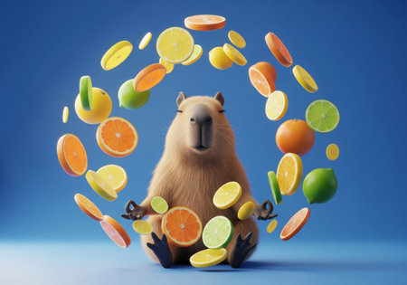 Funny 3d render of a calm capybara meditating in a zen pose surrounded by floating citrus fruitsの素材