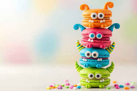 A stack of cute and funny colorful monster macarons for a kids party on a bright background with copy spaceの素材