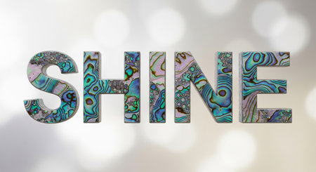 The shine word created from a beautiful iridescent abalone shell texture on a soft bokeh backgroundの素材