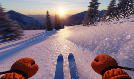 Realistic first person view of a skier skiing fast downhill in a mountain landscape at sunsetの素材