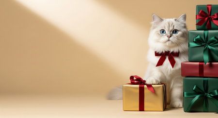 Adorable fluffy cat with blue eyes and a bow tie sitting with Christmas presents on a beige backgroundの素材
