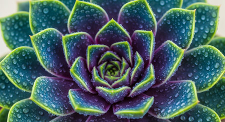 Macro top view of a beautiful green and purple succulent plant covered with fresh water dropletsの素材