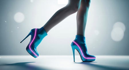 Futuristic fashion concept with a woman's legs in stylish blue high heel ankle boots with glowing pink neon linesの素材