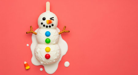 Creative flat lay concept of a melting snowman ice cream with candy decorations on a pink backgroundの素材