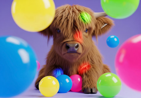 Playful 3d render of a cute fluffy highland cow with colorful balls and neon paint on a purple backgroundの素材