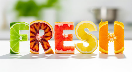 The word fresh created from a variety of colorful sliced citrus fruits on a bright kitchen backgroundの素材