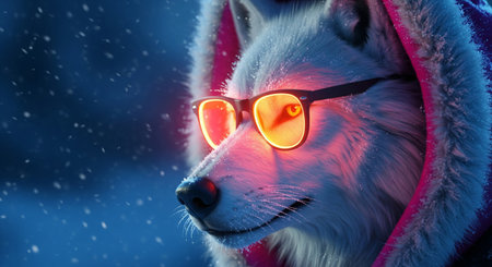 Cool fantasy wolf wearing a furry hood and glowing glasses in a snowy winter night in a stylized illustration styleの素材