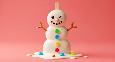 Creative concept of a melting snowman ice cream with candy decorations on a pink backgroundの素材