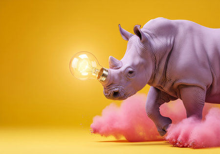Surreal pop art concept of a creative idea with a purple rhino walking through pink powder with a lightbulb for a hornの素材
