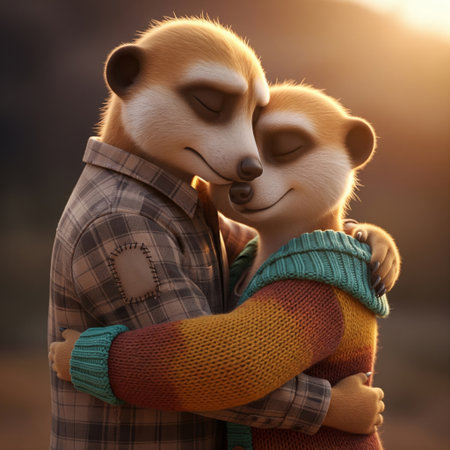 A loving cartoon meerkat couple hugging in a warm and tender embrace in a charming illustration styleの素材