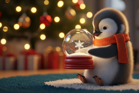 Cute cartoon baby penguin in a scarf holding a christmas snow globe by the tree in a charming illustration styleの素材