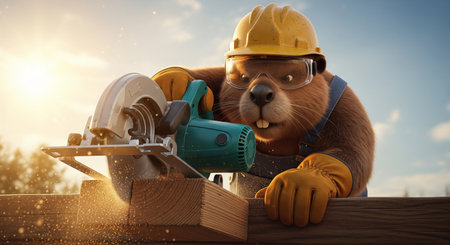 Cartoon style of an anthropomorphic beaver builder in a hard hat and goggles using a circular saw to cut woodの素材