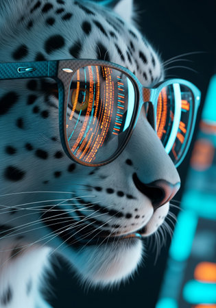 Anthropomorphic snow leopard programmer wearing glasses with code reflection in a futuristic settingの素材