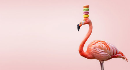 Funny flamingo balancing a stack of colorful macarons on a pink backgroundの素材