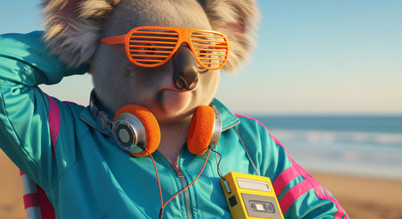Anthropomorphic koala in 80s retro fashion with headphones and cassette player at the beachの素材