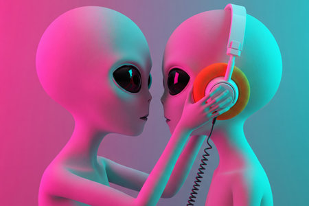 Two cute aliens sharing music with headphones in a romantic neon light in a stylized illustration styleの素材
