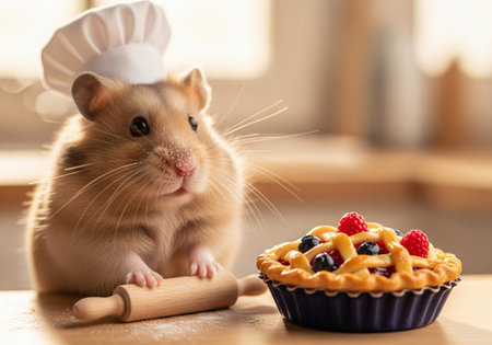 Cute anthropomorphic hamster chef in a hat baking a berry pie with a rolling pinの素材