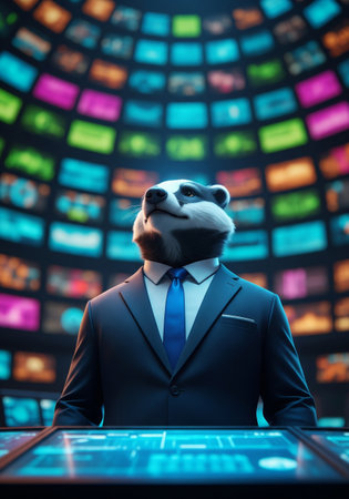 Professional anthropomorphic badger in a suit standing in a futuristic media control room with a video wallの素材