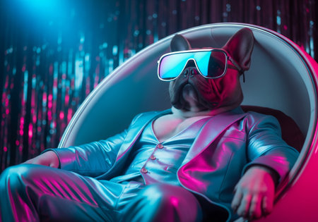 Anthropomorphic French bulldog in a shiny suit and sunglasses relaxing in a chair in a futuristic retrowave style clubの素材