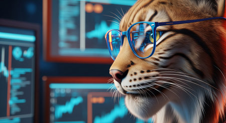 Anthropomorphic tiger stock trader in glasses analyzing financial data on multiple screens in a modern officeの素材