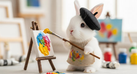Charming photographic style portrait of an anthropomorphic baby bunny artist painting on a canvas in a studioの素材
