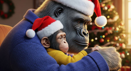 Tender photographic style portrait of an anthropomorphic gorilla father and son in santa hats huggingの素材