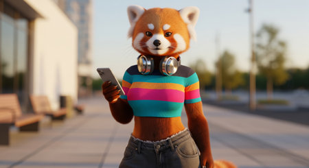 Modern photographic style portrait of a stylish anthropomorphic red panda with headphones using a smartphone outdoorsの素材