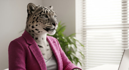 Professional photographic style portrait of an elegant anthropomorphic snow leopard businesswoman in an officeの素材