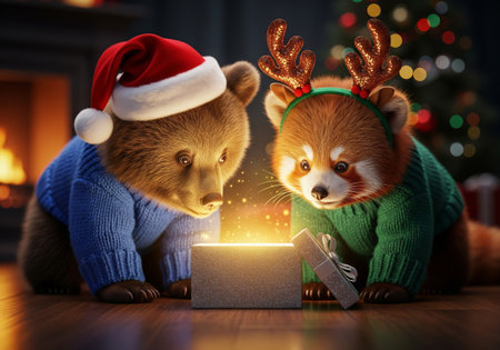Magical photographic style scene of an anthropomorphic baby bear and a red panda opening a glowing Christmas giftの素材