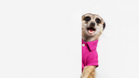 Surprised photographic style portrait of an anthropomorphic meerkat in a pink shirt peeking from a cornerの素材