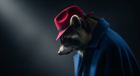 Mysterious photographic noir style portrait of an anthropomorphic raccoon in a coat and fedora hatの素材