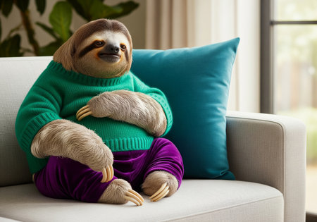 Sad photographic style portrait of an anthropomorphic sloth in a sweater with a stomach ache on a sofaの素材