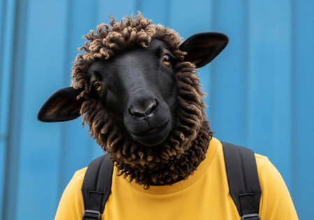 Modern photographic portrait of an anthropomorphic black sheep with a backpack on a blue backgroundの素材