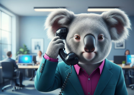 Photographic style portrait of an anthropomorphic koala businessman talking on the phone in a busy officeの素材