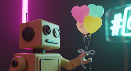 Cinematic scene of a cute retro anthropomorphic robot holding colorful heart-shaped balloonsの素材