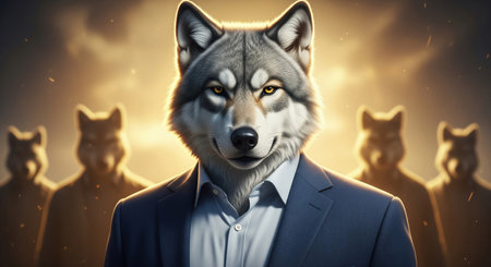 A confident anthropomorphic wolf leader in a business suit with his team in the background, cinematic styleの素材