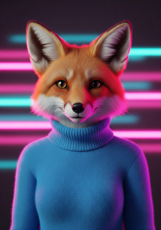 A stylish anthropomorphic fox in a blue turtleneck sweater against a background of neon lights, cinematic portraitの素材