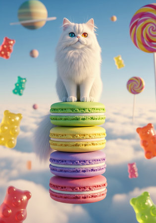 Surreal fantasy image of a cute white cat with heterochromia sitting on a stack of colorful macarons in a candy skyの素材