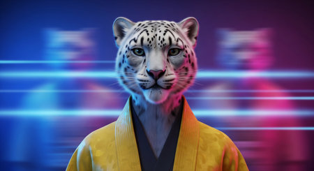 A wise anthropomorphic snow leopard in a yellow kimono on a dynamic neon light background, cinematic portraitの素材