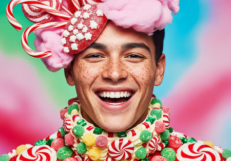Fantasy portrait of a cheerful man covered in festive sweets, lollipops and colorful candyの素材
