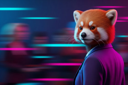 Red panda in a business suit on a background of neon lightsの素材