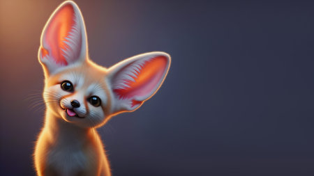 Adorable anthropomorphic fennec fox character peeking out and sticking its tongue out on a dark backgroundの素材