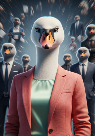 A confident anthropomorphic swan leader in a pink suit with her team on a dynamic background, cinematic portraitの素材