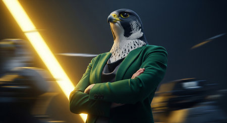 A confident anthropomorphic falcon in a suit with crossed arms on a dynamic background, cinematic styleの素材